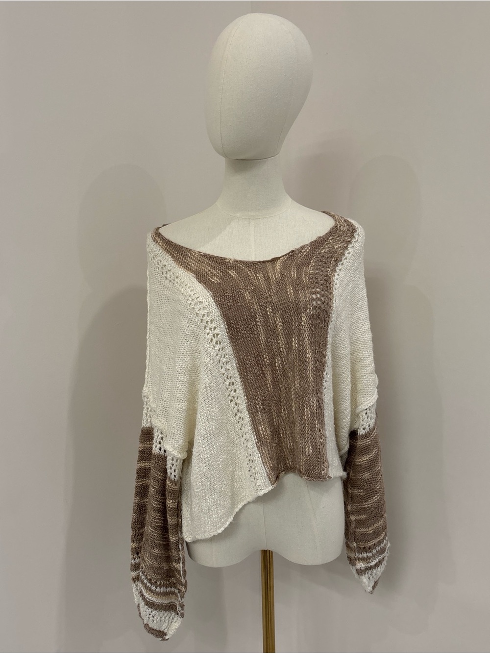 Angie Off-the-Shoulder Colorblock Knit Sweater in Cream & Brown
